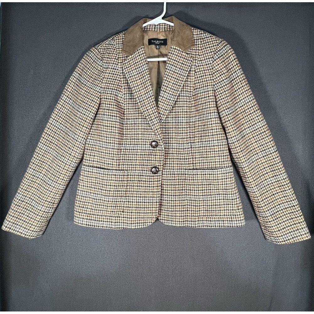 Talbots Brown & Cream Houndstooth Blazer with Suede Collar
